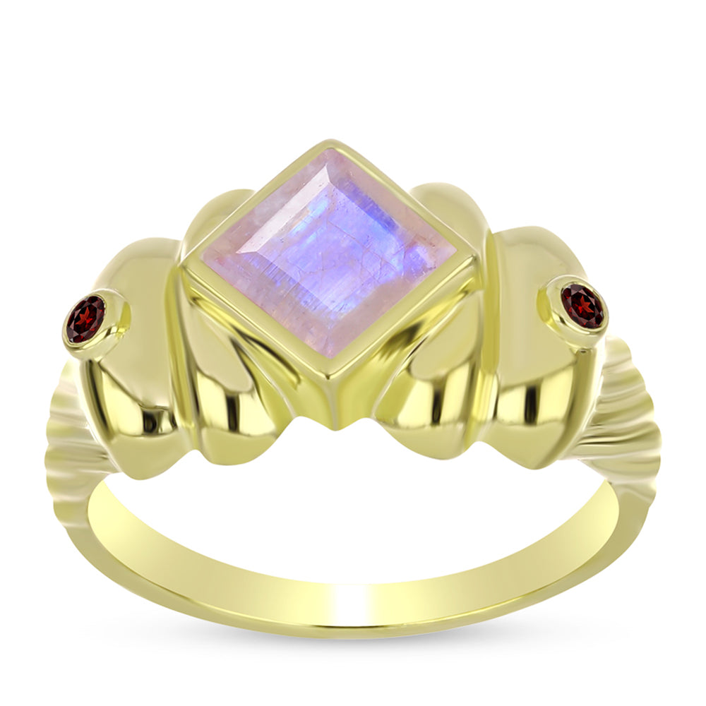 Anillo de Plata Bañada en Oro con Piedra Lunar Arco Iris y Granate Barton