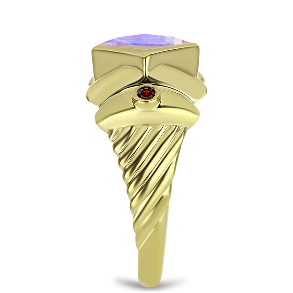 Anillo de Plata Bañada en Oro con Piedra Lunar Arco Iris y Granate Barton