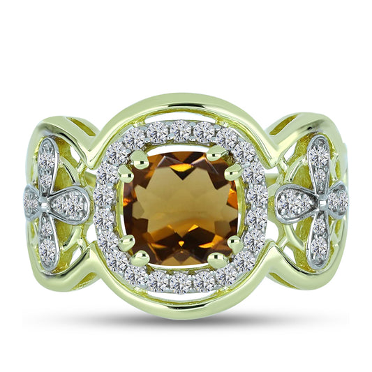 Anillo de Plata Bañada en Oro con Cuarzo Coñac y Topacio Blanco