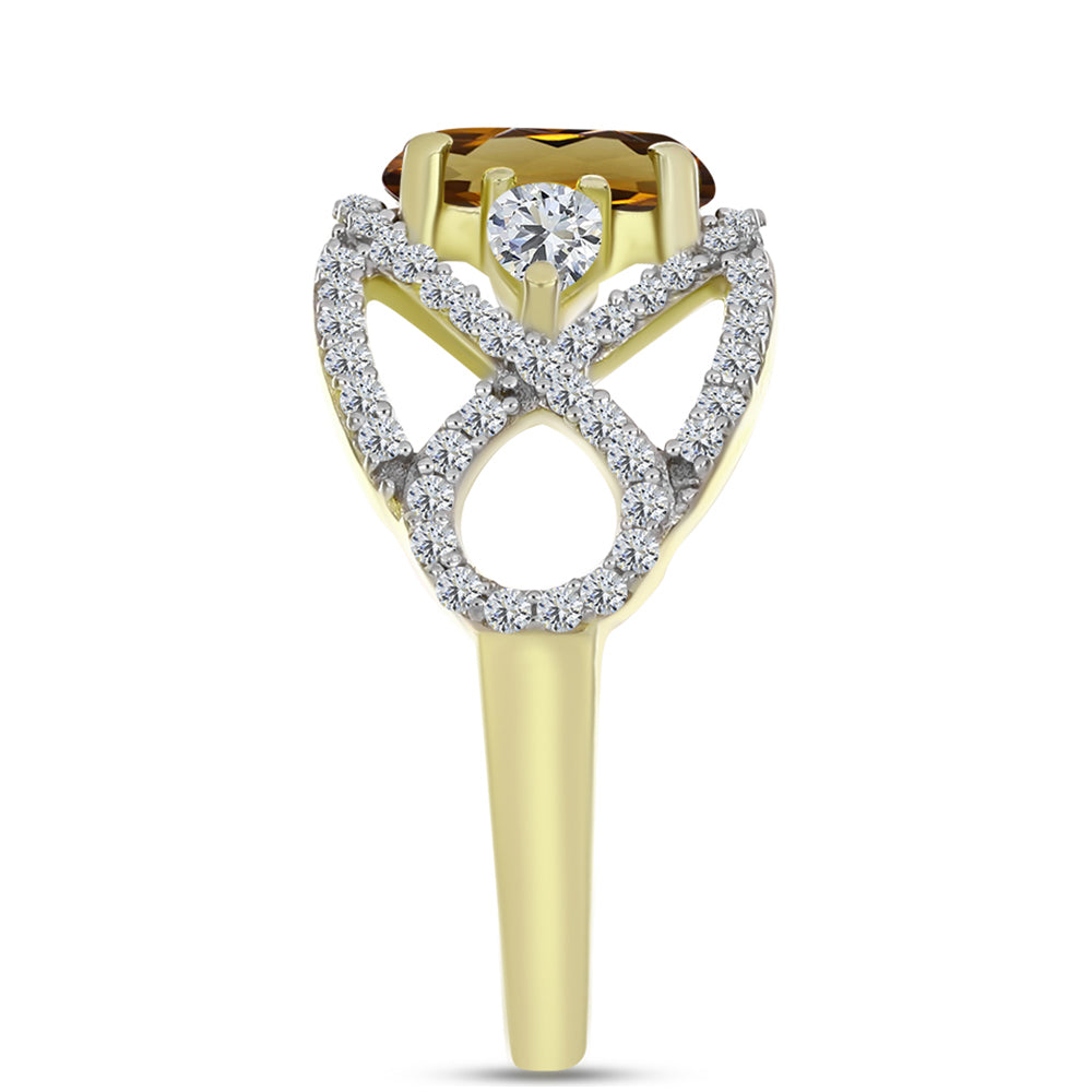 Anillo de Plata Bañada en Oro con Cuarzo Coñac y Topacio Blanco
