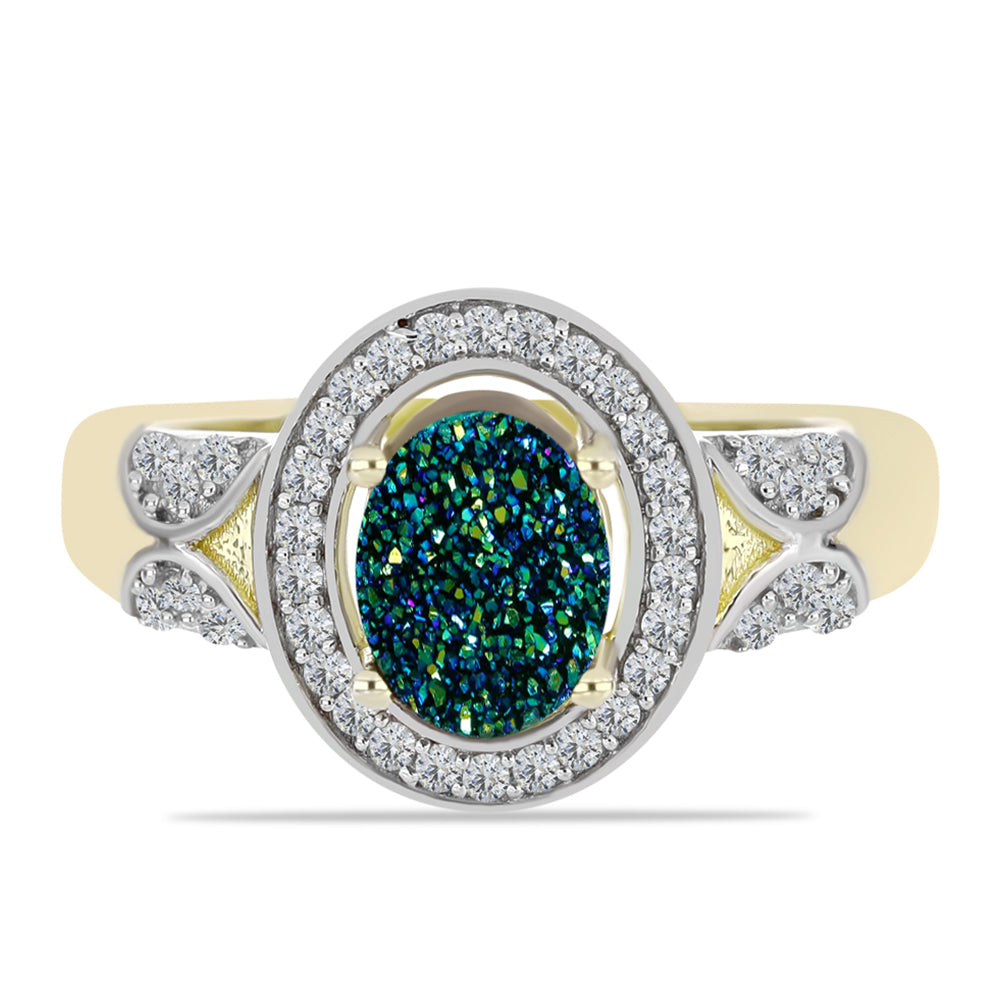 Anillo de Plata Bañada en Oro con Drusa Verde y Topacio Blanco 1 
