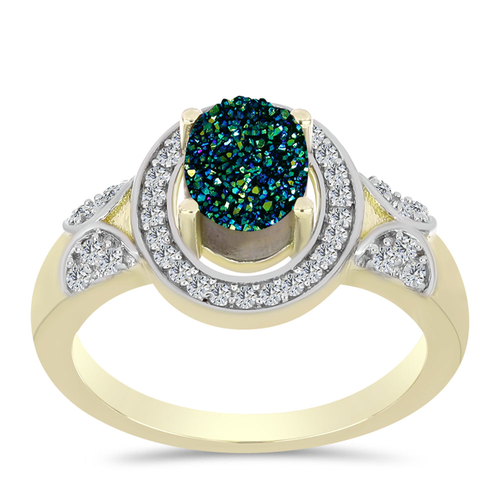 Anillo de Plata Bañada en Oro con Drusa Verde y Topacio Blanco 3 