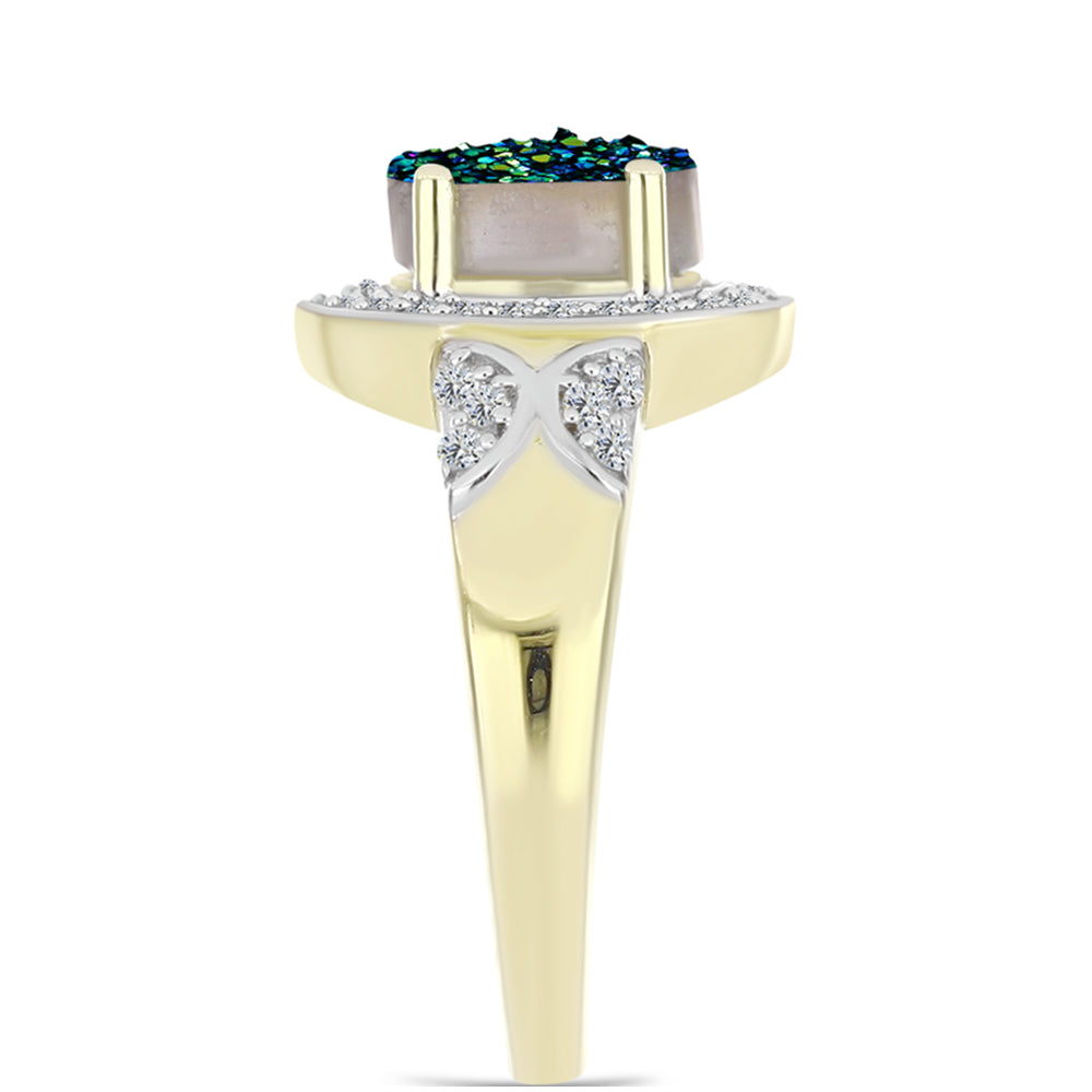 Anillo de Plata Bañada en Oro con Drusa Verde y Topacio Blanco