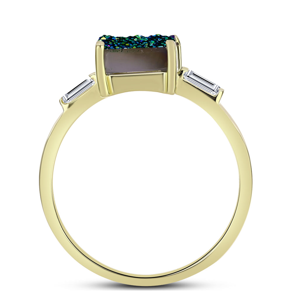 Anillo de Plata Bañada en Oro con Drusa Verde y Topacio Blanco 2 