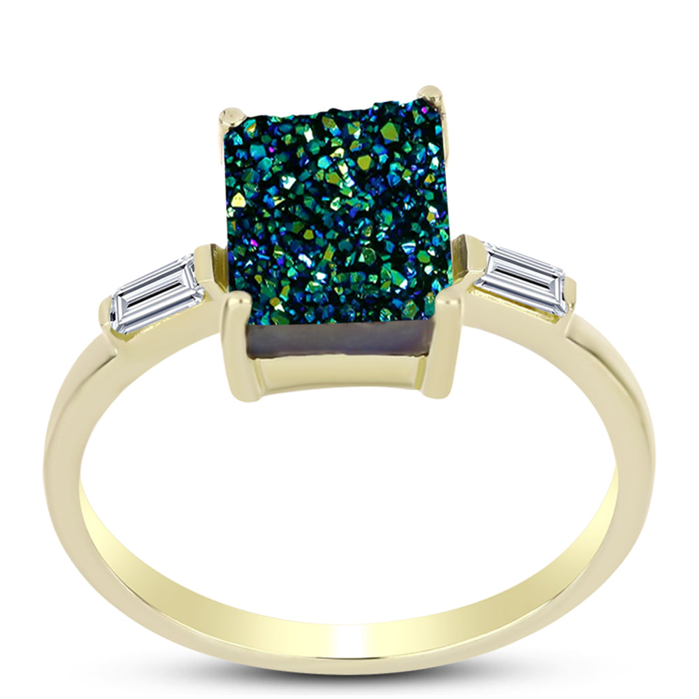 Anillo de Plata Bañada en Oro con Drusa Verde y Topacio Blanco
