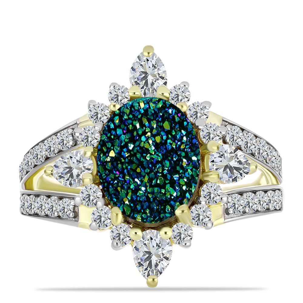 Anillo de Plata Bañada en Oro con Drusa Verde y Topacio Blanco 1 