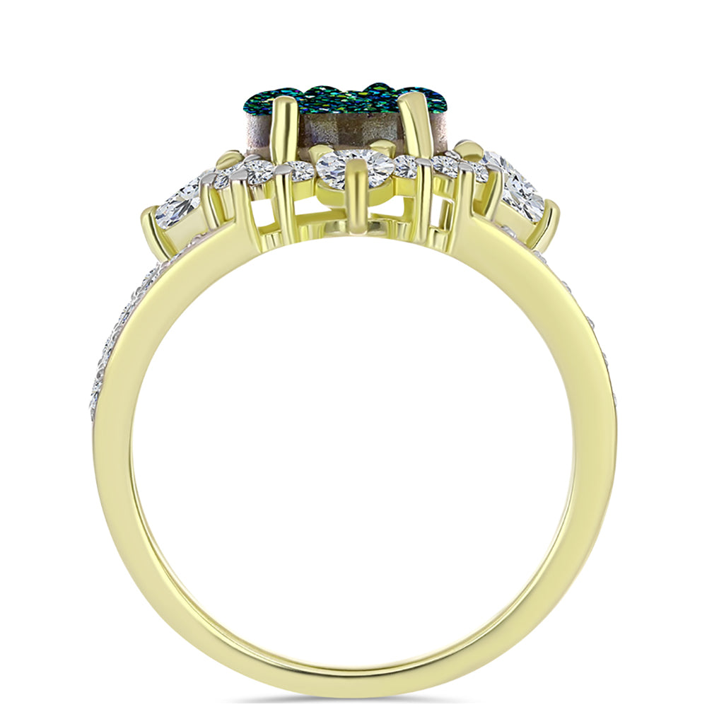 Anillo de Plata Bañada en Oro con Drusa Verde y Topacio Blanco 2 