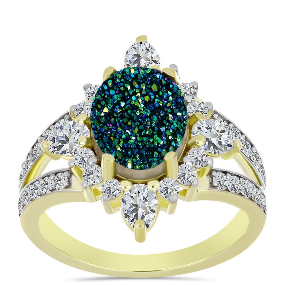 Anillo de Plata Bañada en Oro con Drusa Verde y Topacio Blanco 3 
