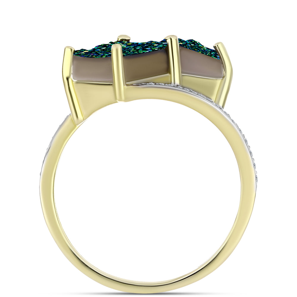 Anillo de Plata Bañada en Oro con Drusa Verde y Topacio Blanco