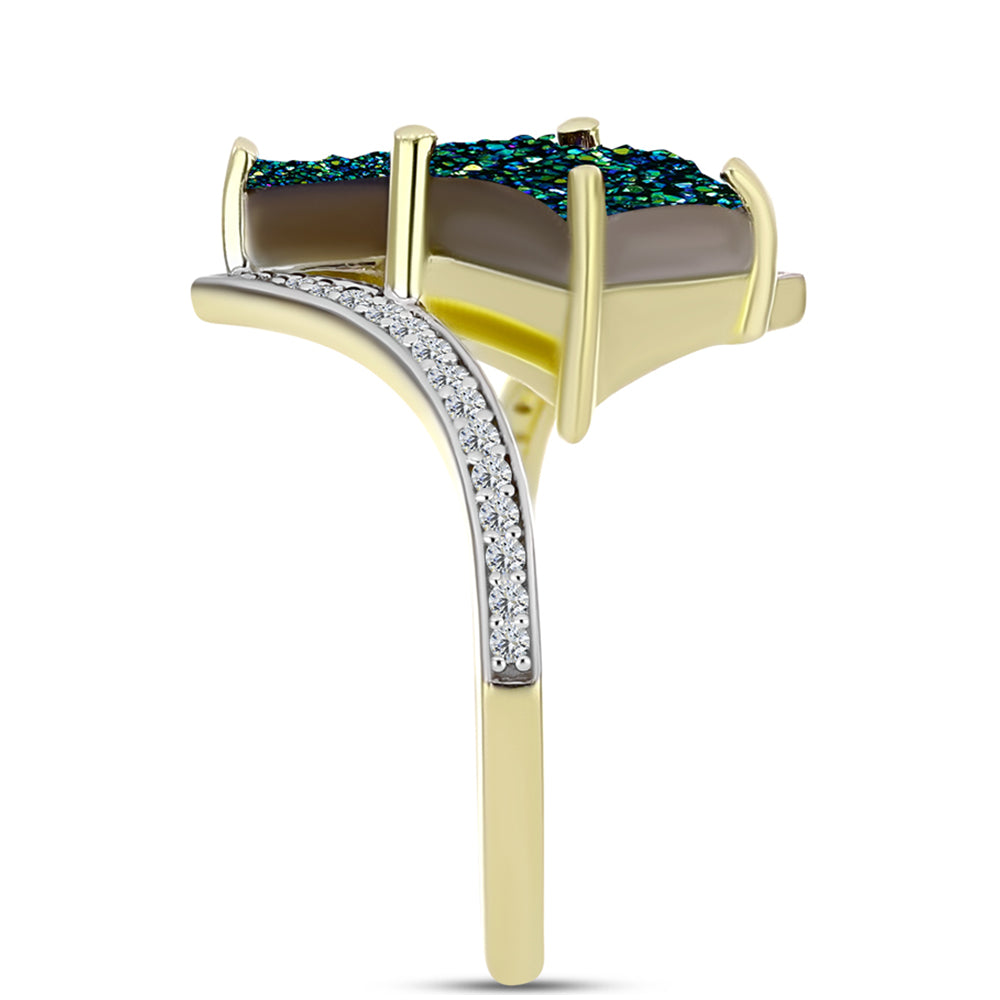 Anillo de Plata Bañada en Oro con Drusa Verde y Topacio Blanco