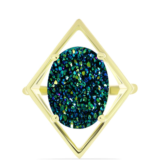 Anillo de Plata Bañada en Oro con Drusa Verde