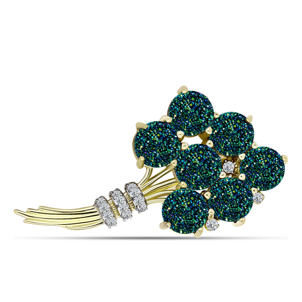 Broche de Plata Bañada en Oro con Drusa Verde y Topacio Blanco 1 