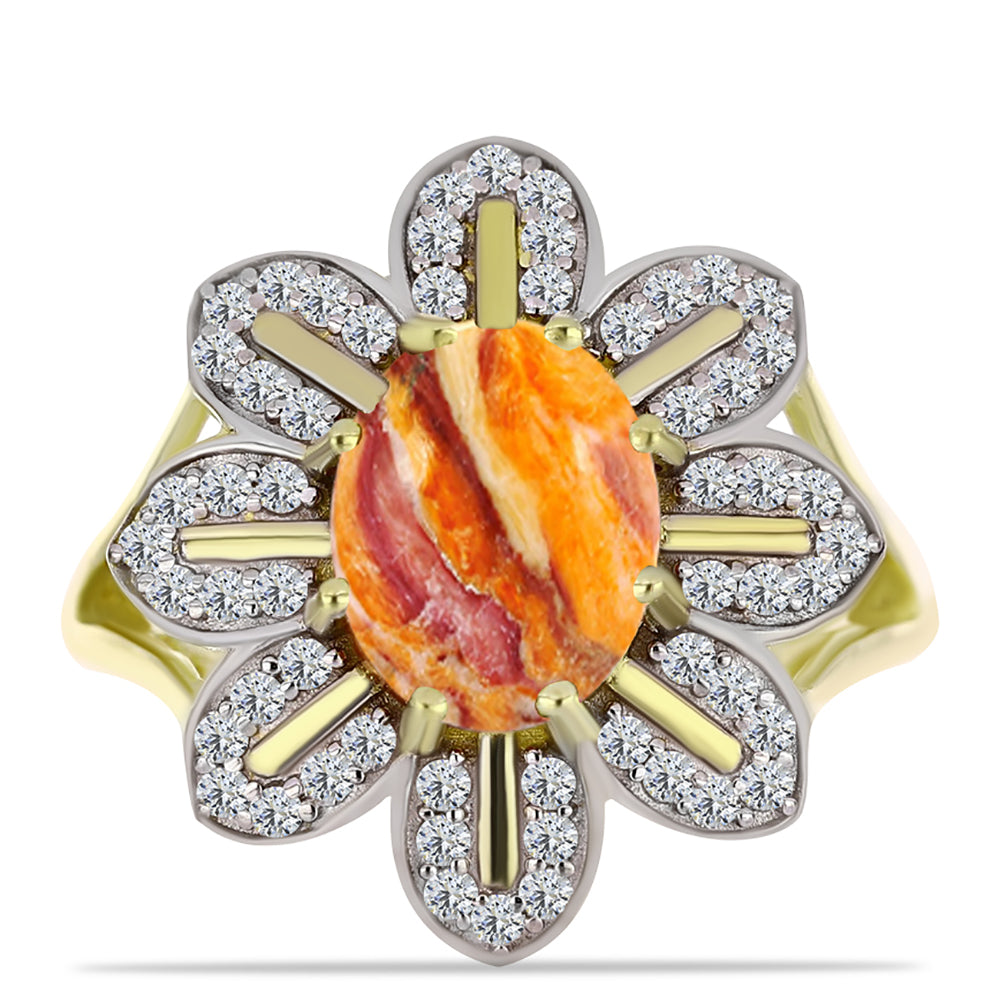 Anillo de Plata Bañada en Oro con Jaspe Garra de León y Topacio Blanco