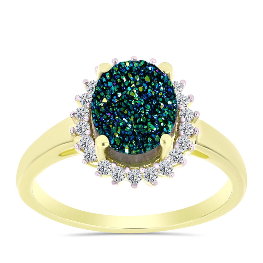 Anillo de Plata Bañada en Oro con Drusa Verde y Topacio Blanco 3 