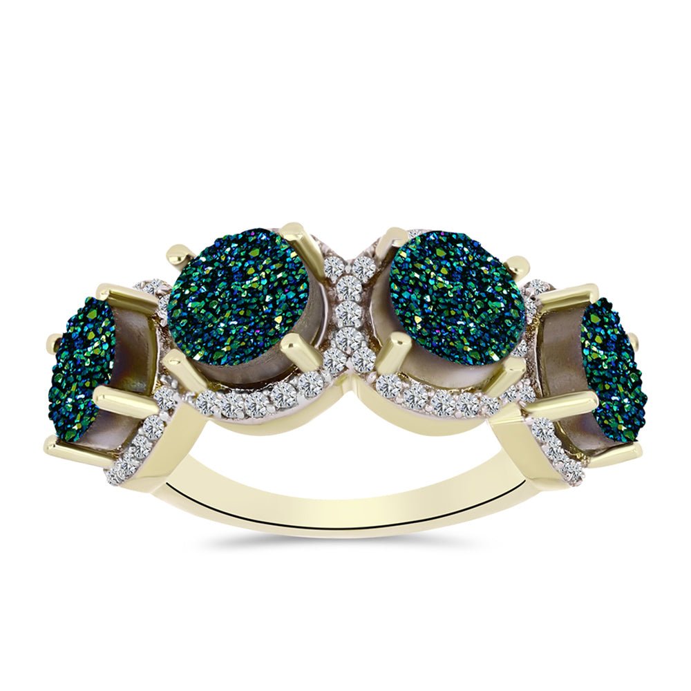 Anillo de Plata Bañada en Oro con Drusa Verde y Topacio Blanco 3 