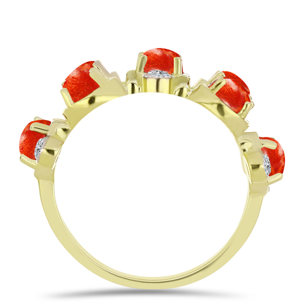 Anillo de Plata Bañada en Oro con Coral de Esponja Roja y Topacio Blanco 2 