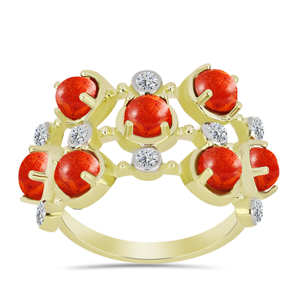 Anillo de Plata Bañada en Oro con Coral de Esponja Roja y Topacio Blanco