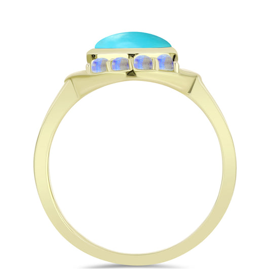 Anillo de Plata Bañada en Oro con Turquesa Bella Durmiente y Piedra Lunar Arco Iris