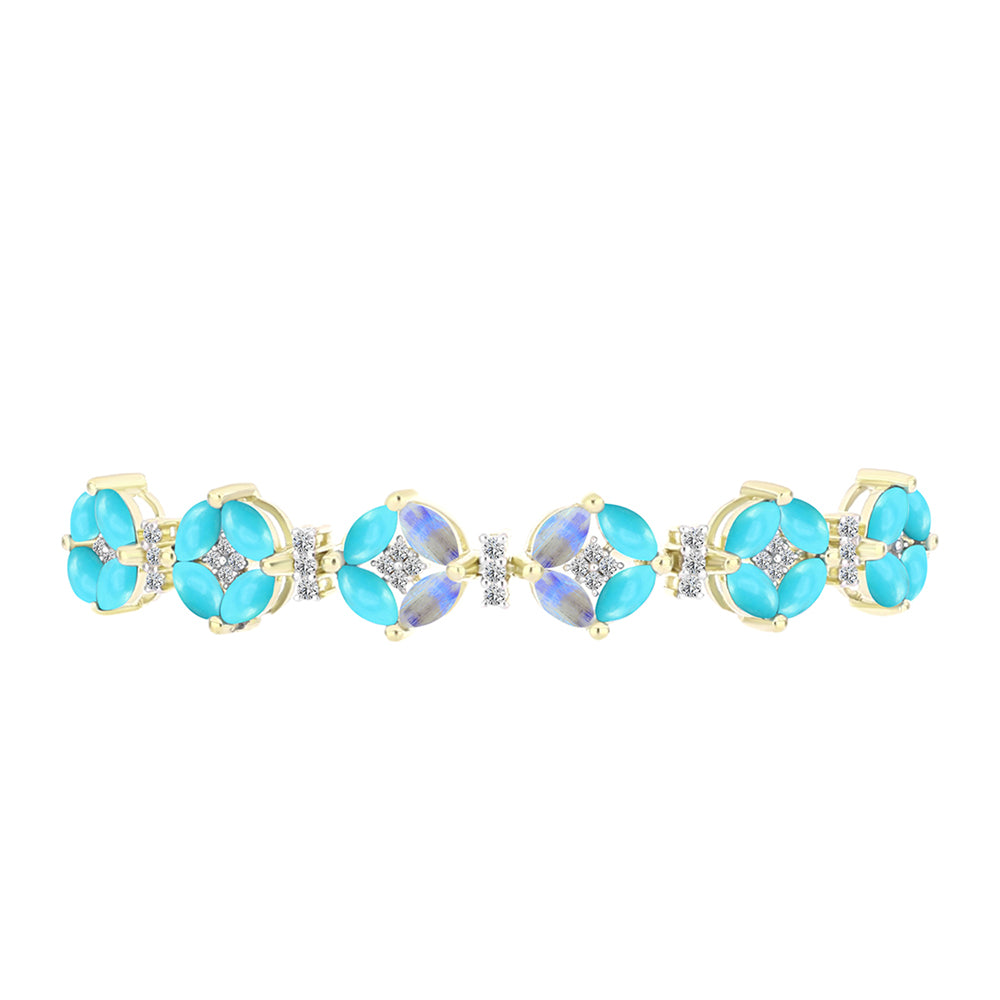 Pulsera de Plata Bañada en Oro con Turquesa Bella Durmiente y Piedra Lunar Arco Iris