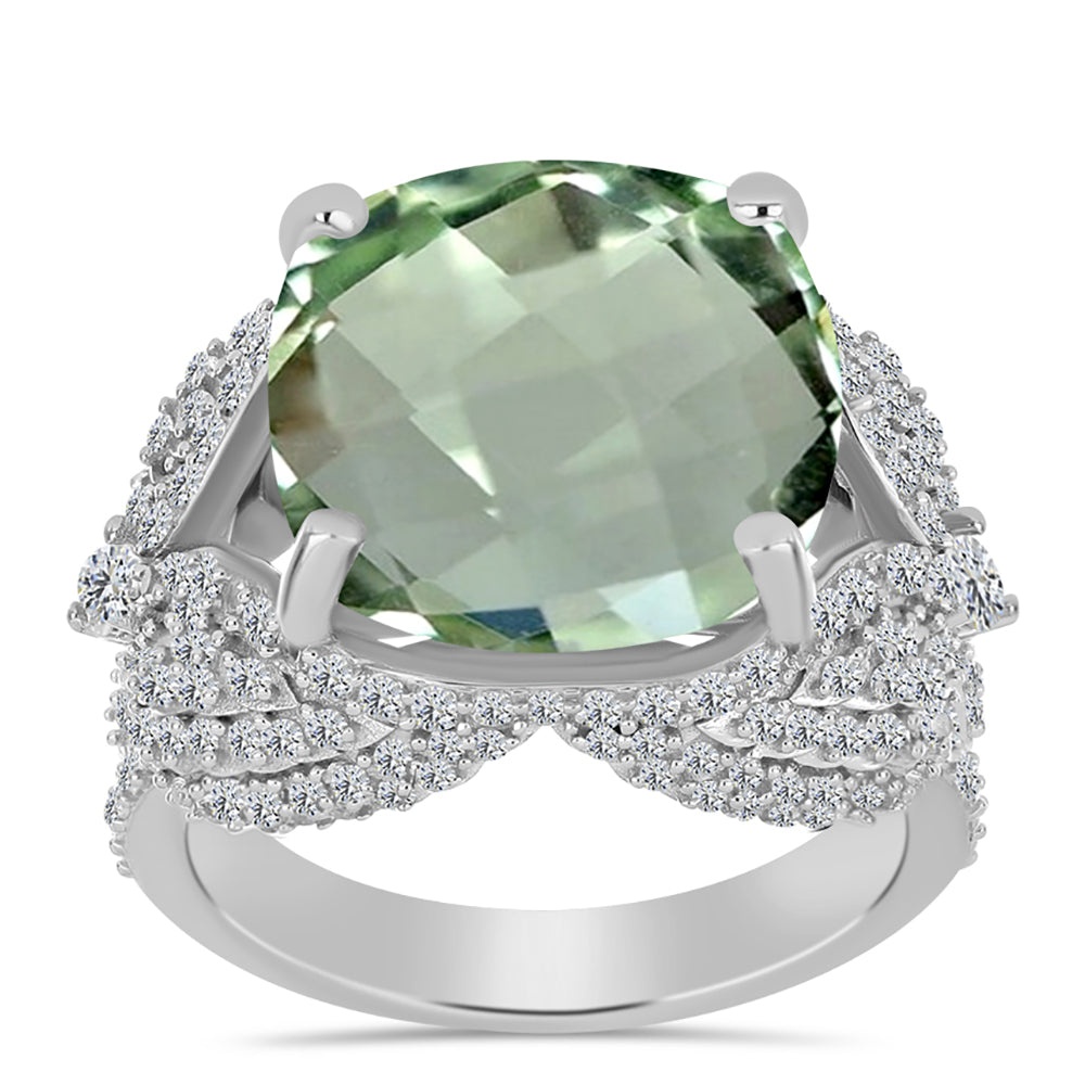 Anillo de Plata con Amatista Verde y Topacio Blanco
