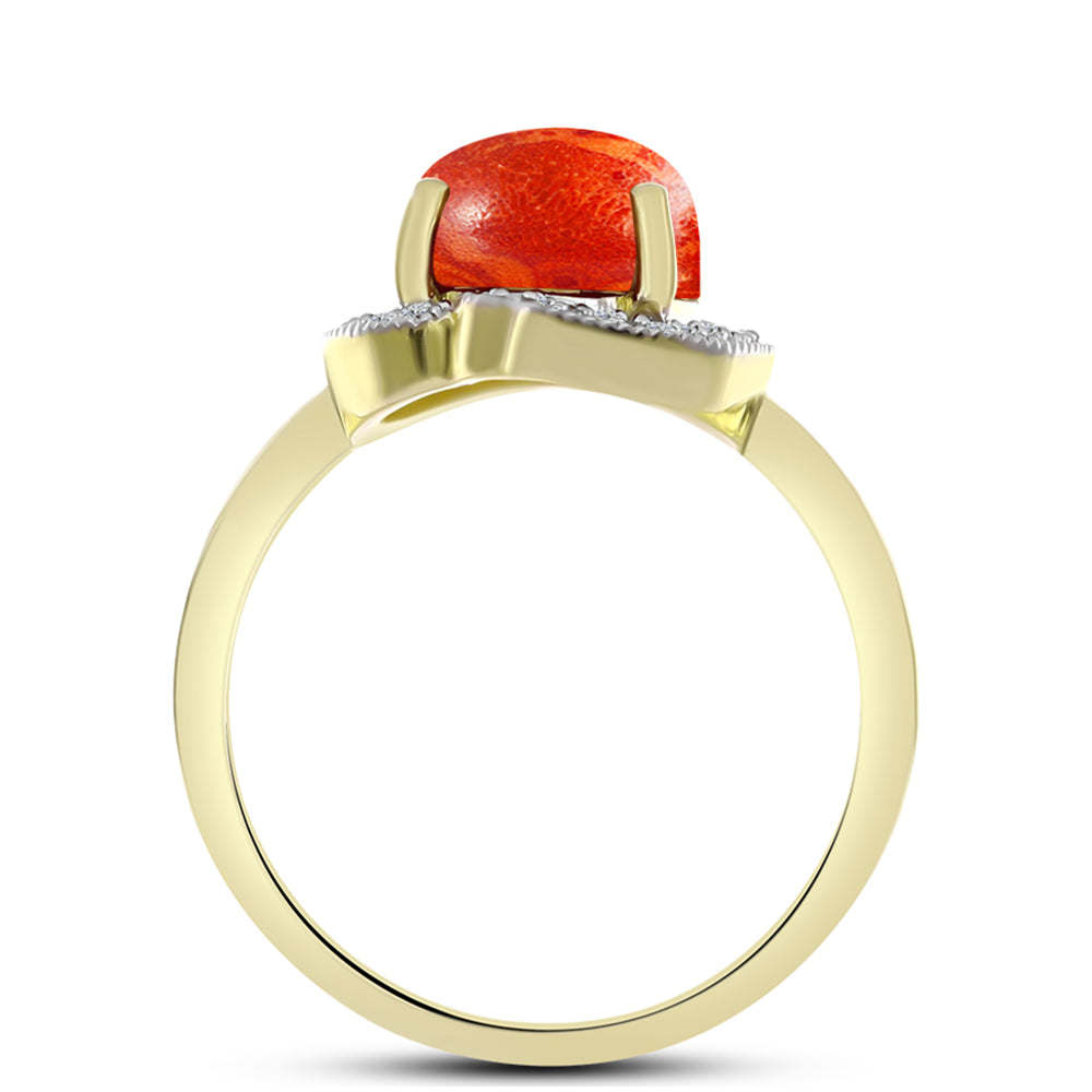 Anillo de Plata Bañada en Oro con Coral de Esponja Roja y Topacio Blanco 2 