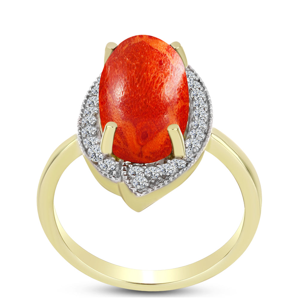 Anillo de Plata Bañada en Oro con Coral de Esponja Roja y Topacio Blanco 3 