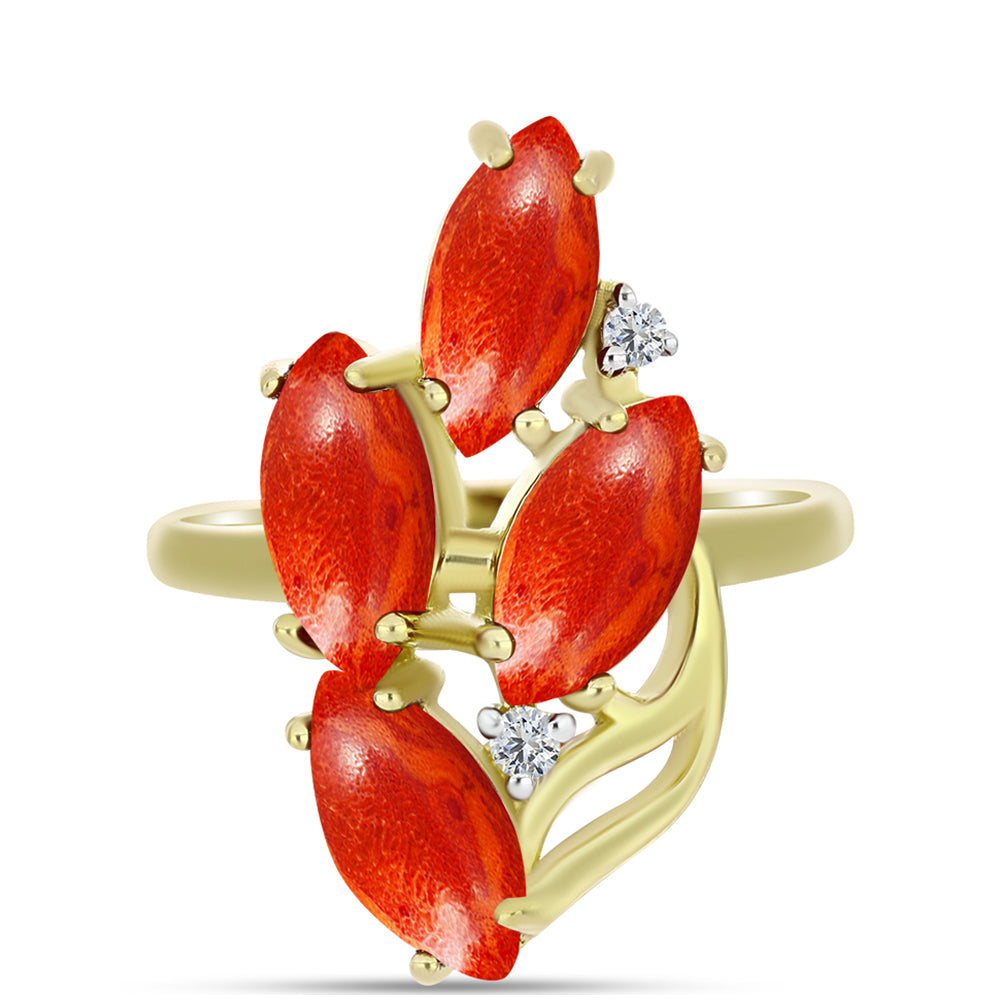 Anillo de Plata Bañada en Oro con Coral de Esponja Roja y Topacio Blanco