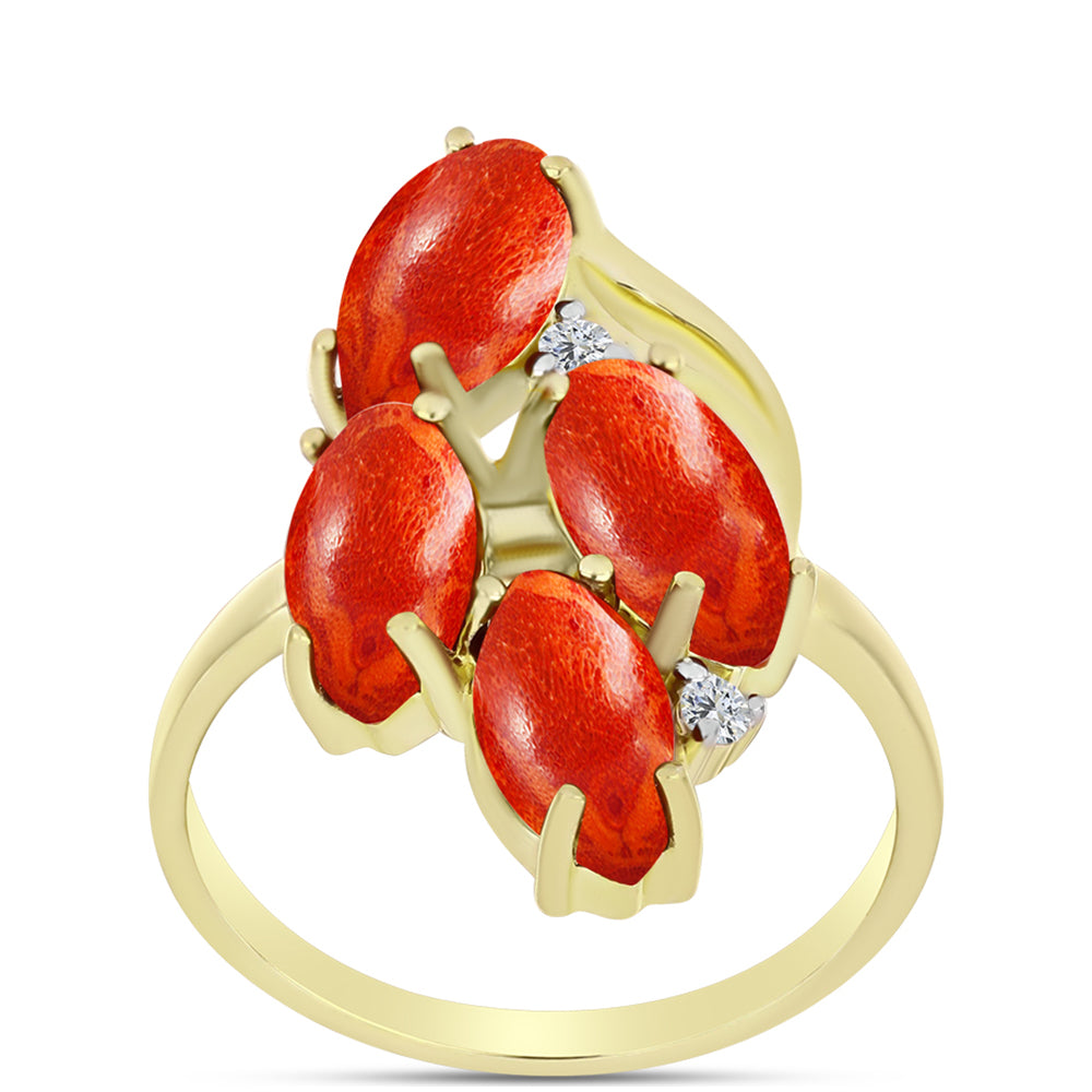 Anillo de Plata Bañada en Oro con Coral de Esponja Roja y Topacio Blanco 3 