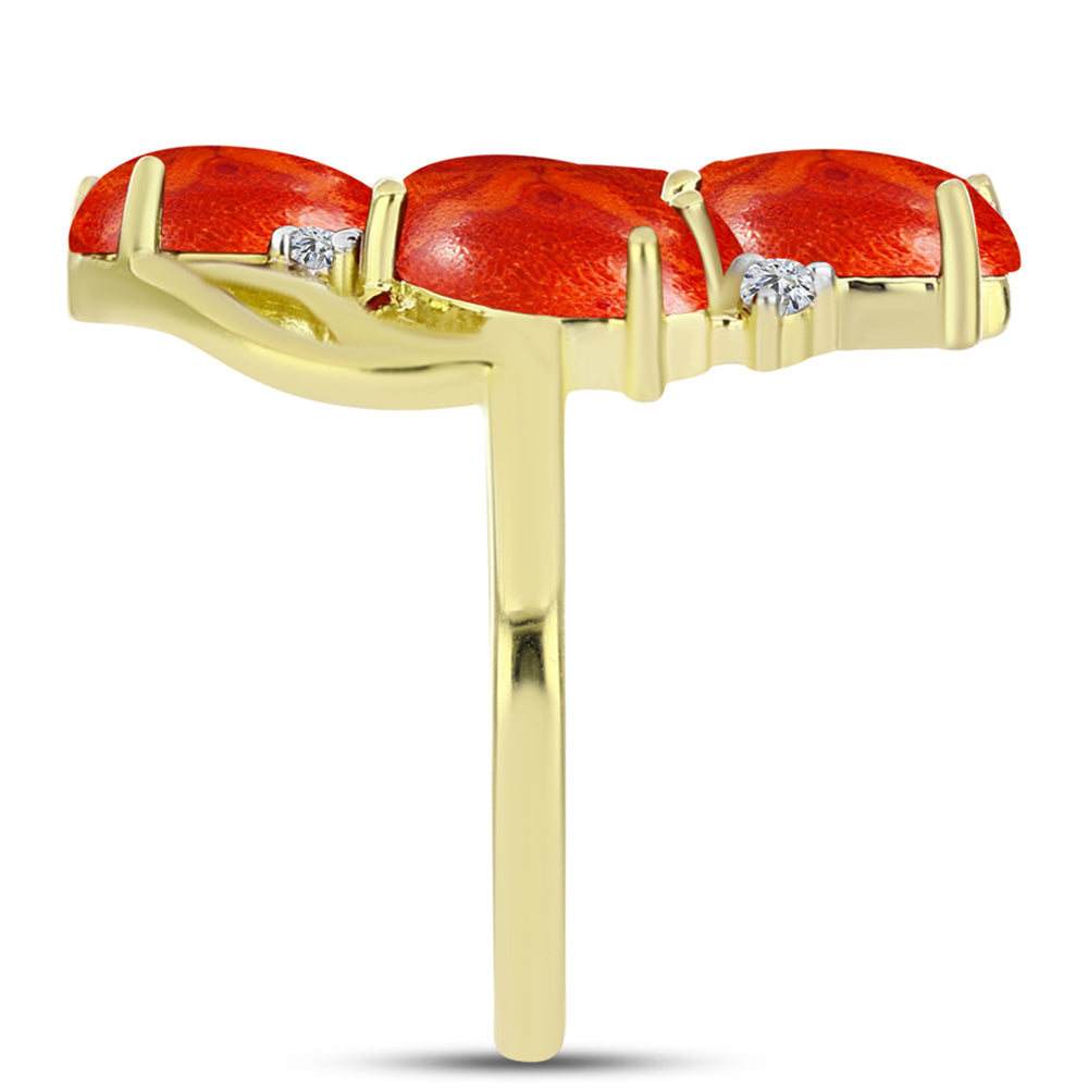 Anillo de Plata Bañada en Oro con Coral de Esponja Roja y Topacio Blanco