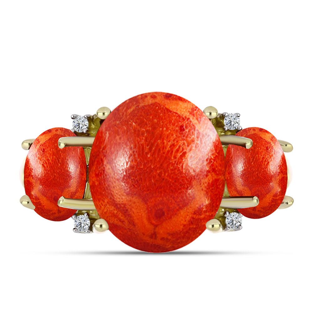 Anillo de Plata Bañada en Oro con Coral de Esponja Roja y Topacio Blanco