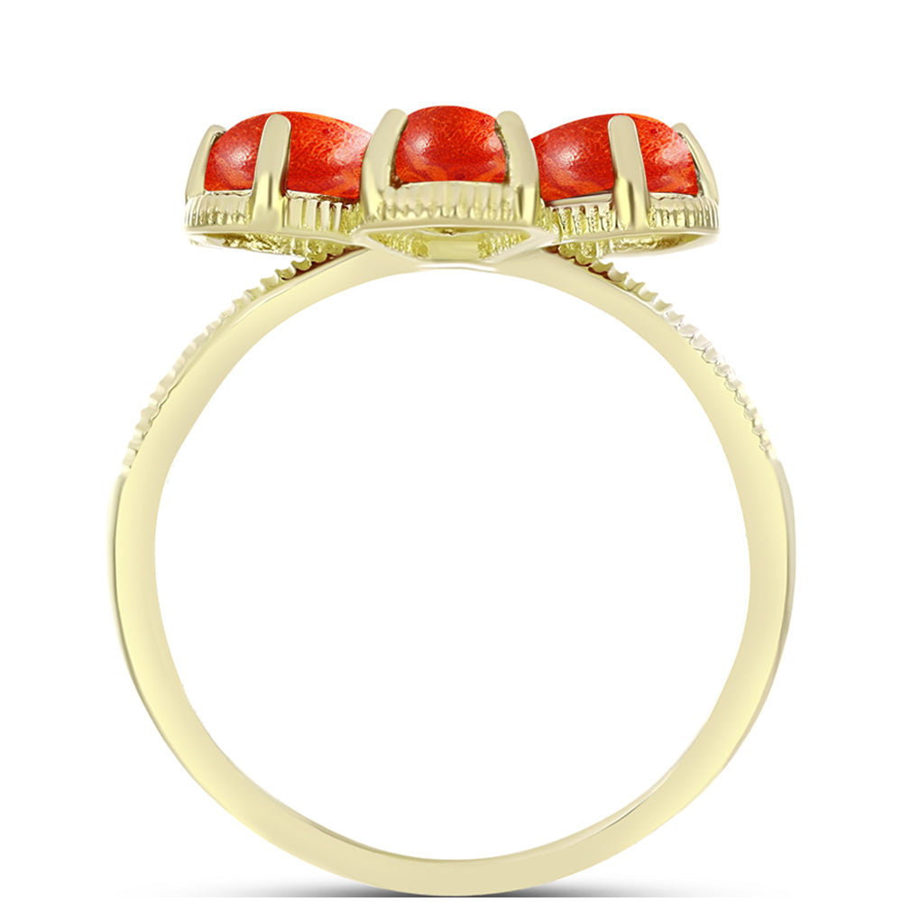 Anillo de Plata Bañada en Oro con Coral de Esponja Roja y Topacio Blanco