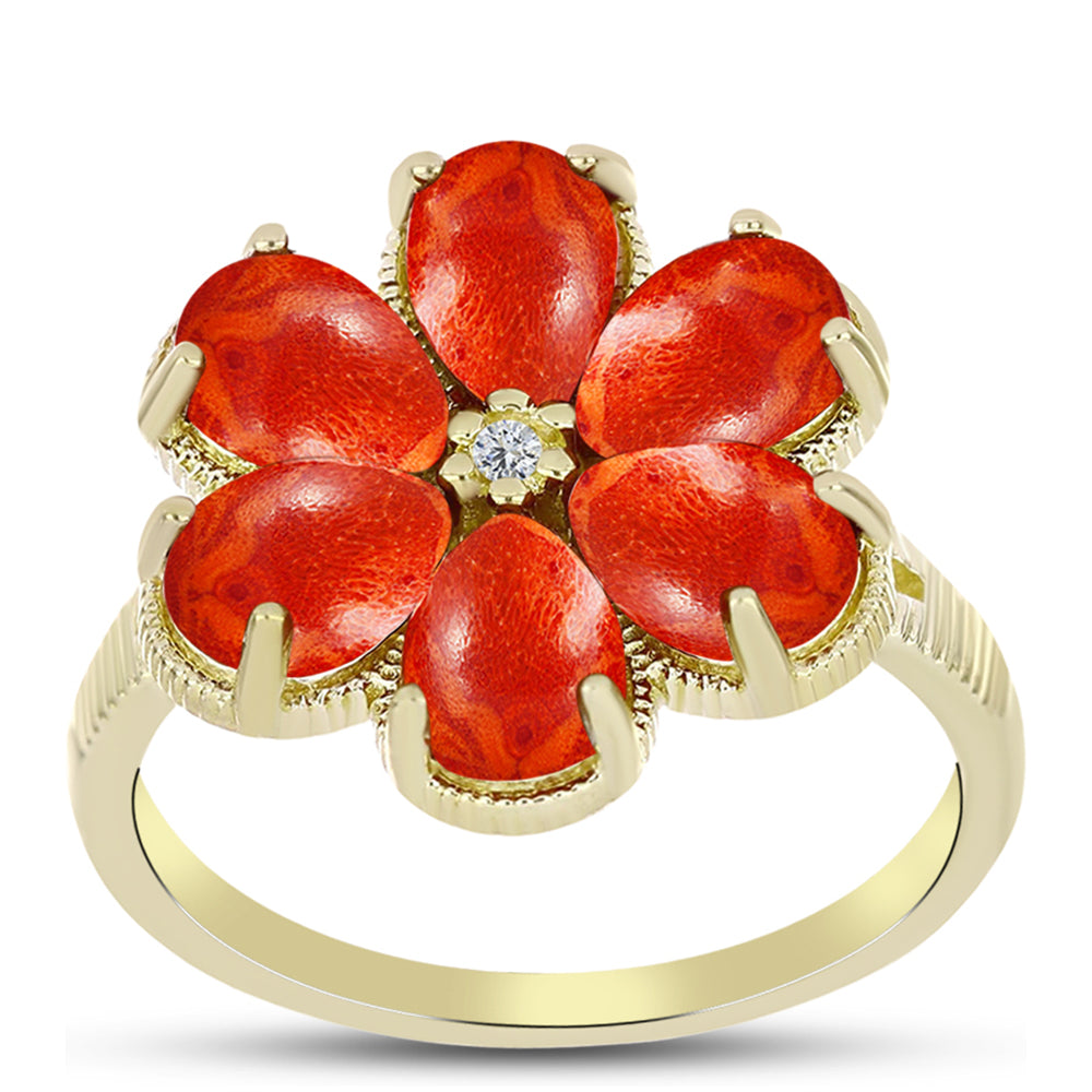 Anillo de Plata Bañada en Oro con Coral de Esponja Roja y Topacio Blanco