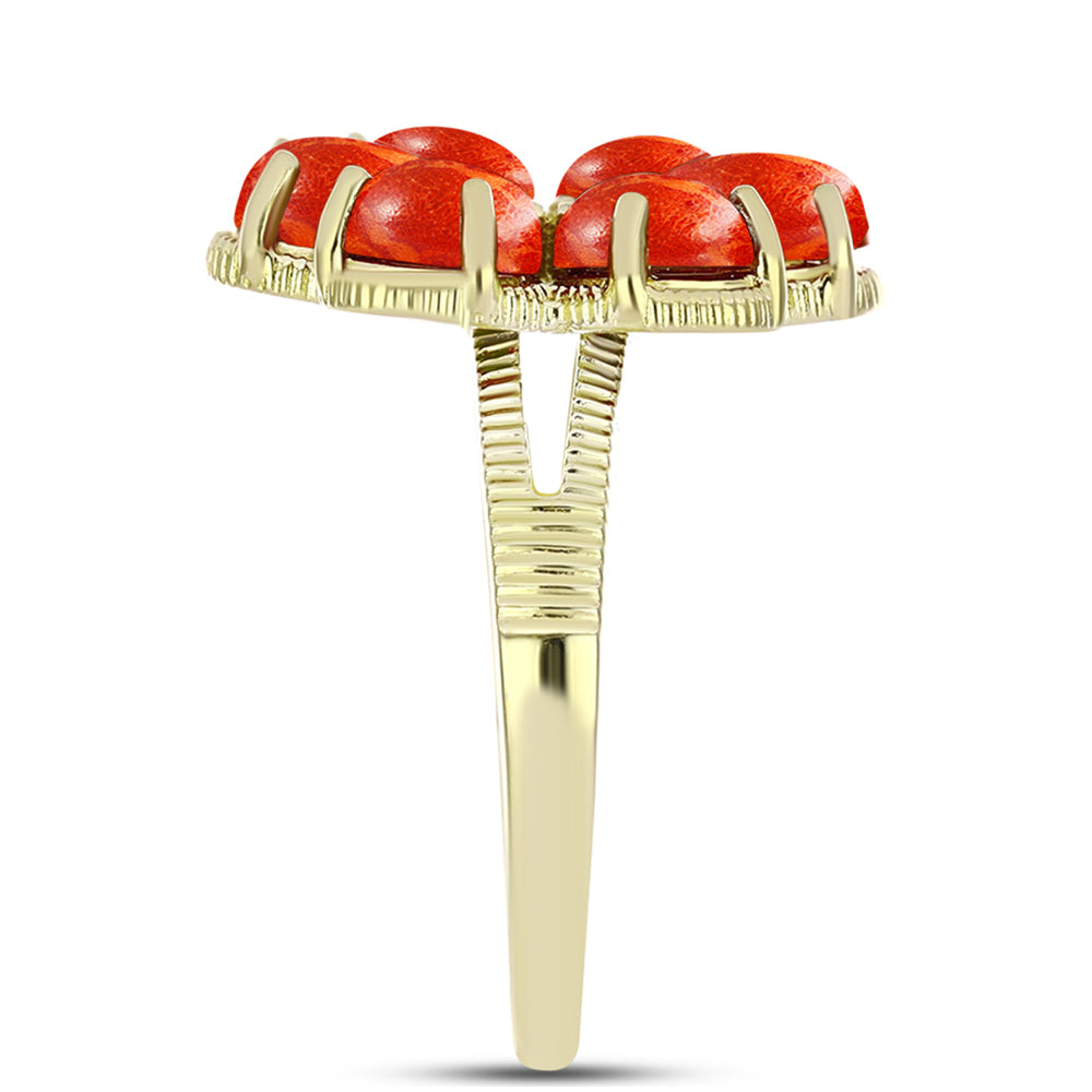 Anillo de Plata Bañada en Oro con Coral de Esponja Roja y Topacio Blanco 4 