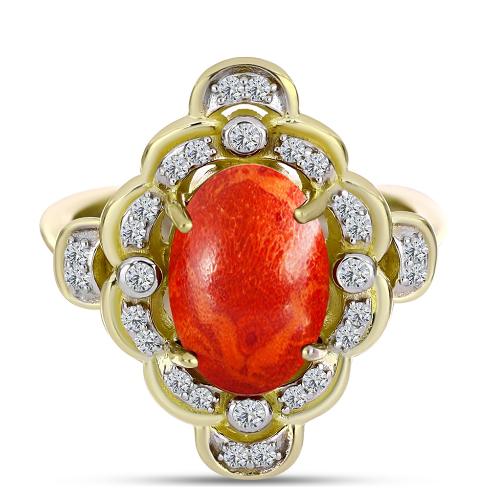Anillo de Plata Bañada en Oro con Coral de Esponja Roja y Topacio Blanco 1 