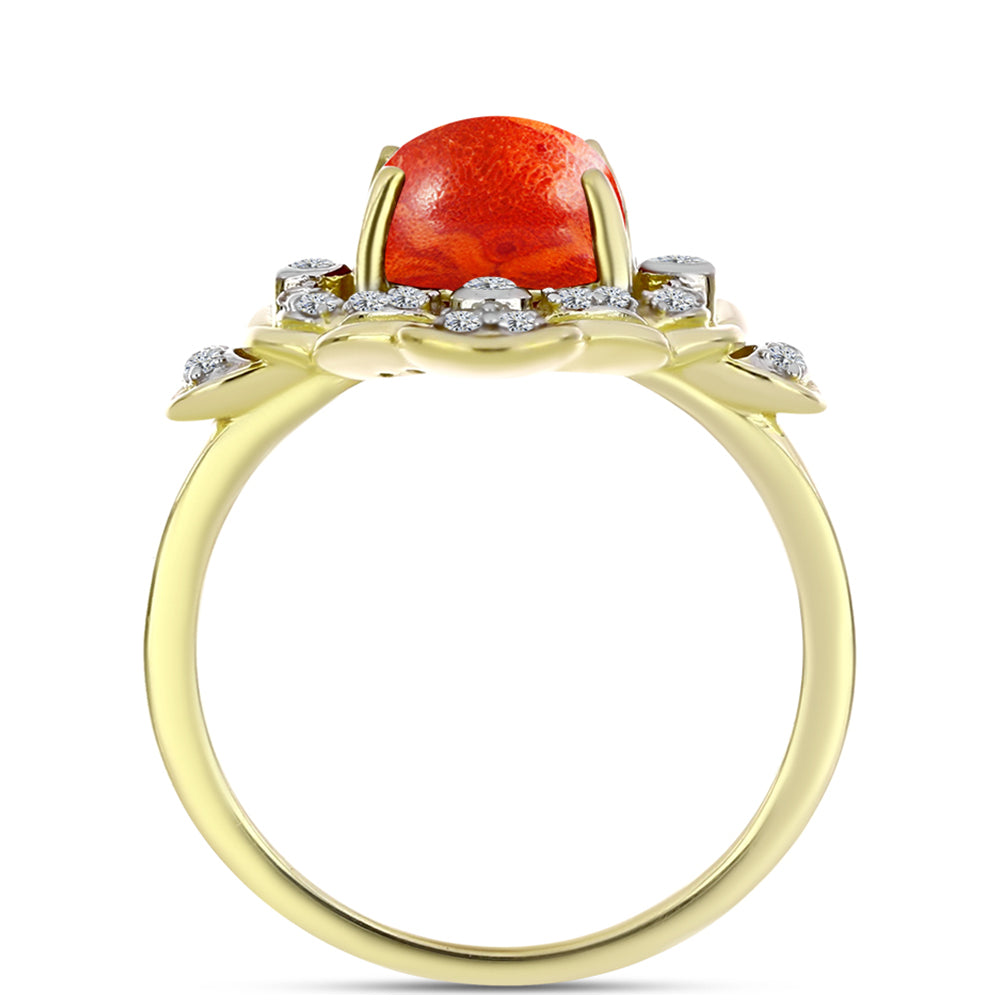 Anillo de Plata Bañada en Oro con Coral de Esponja Roja y Topacio Blanco 2 