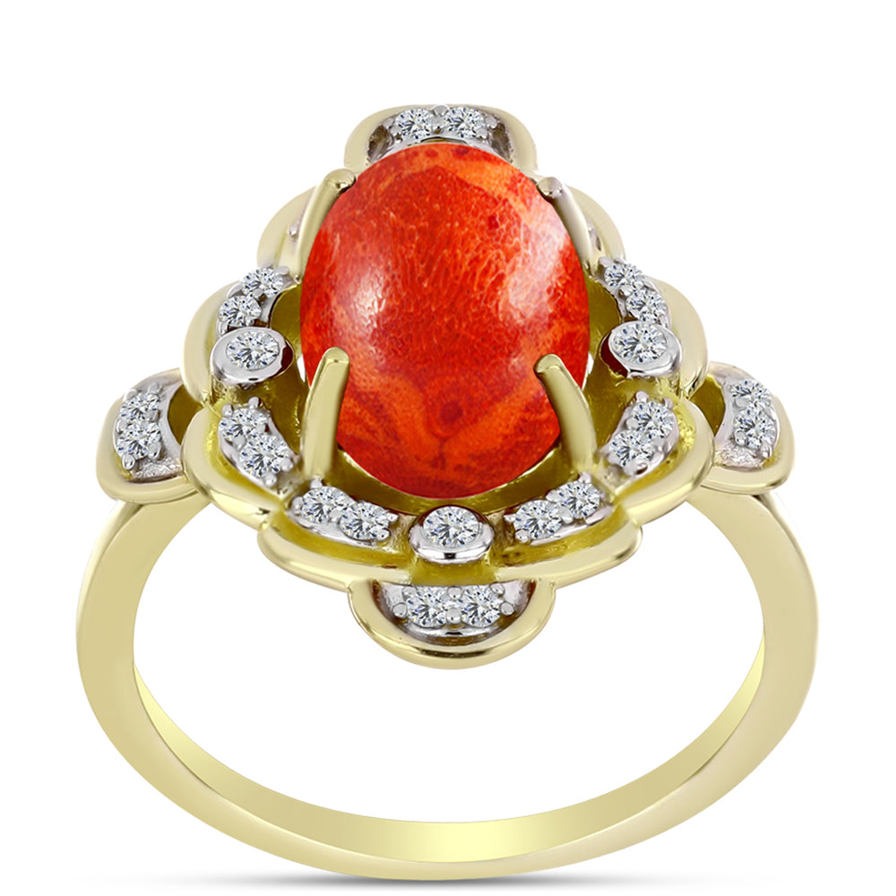 Anillo de Plata Bañada en Oro con Coral de Esponja Roja y Topacio Blanco 3 