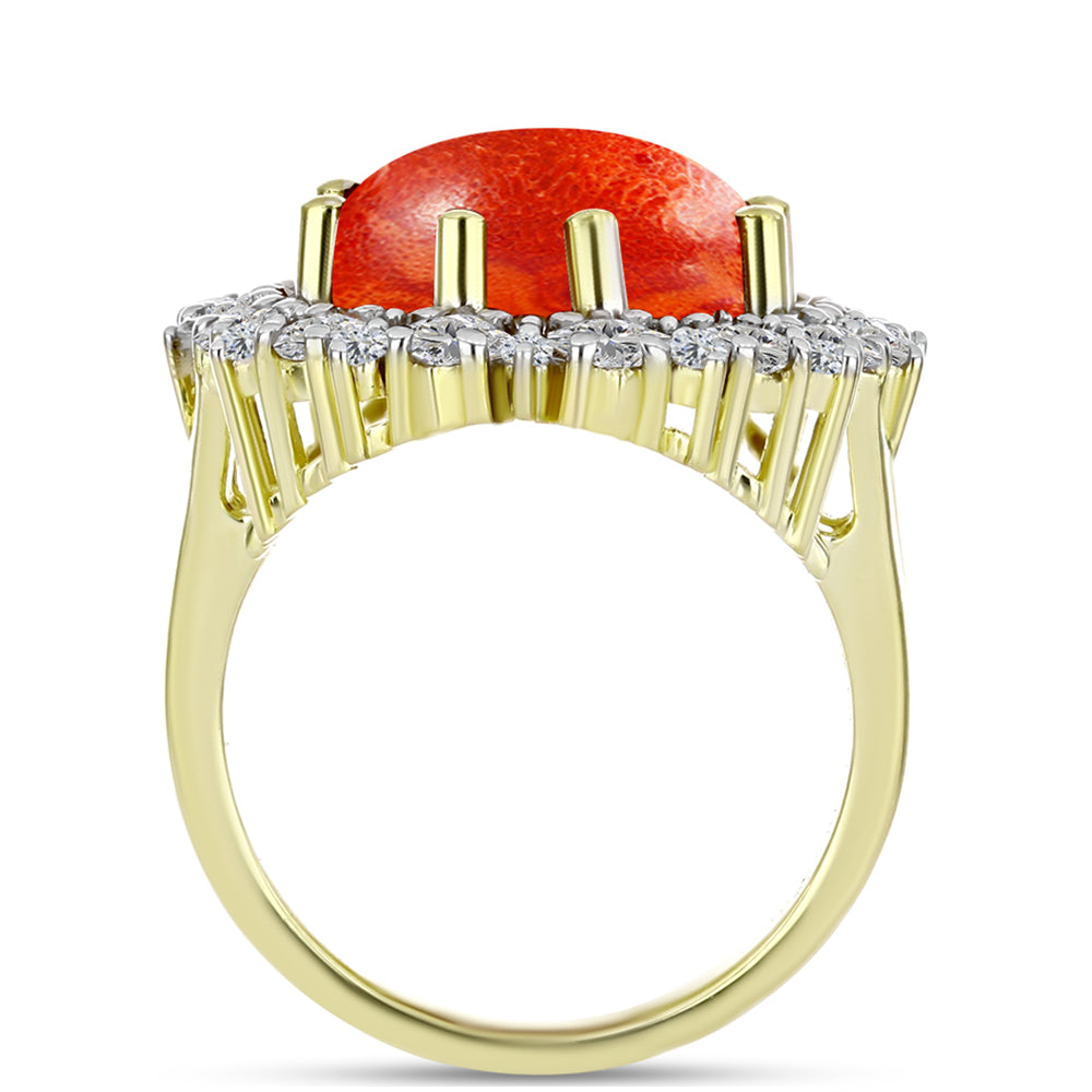 Anillo de Plata Bañada en Oro con Coral de Esponja Roja y Zircón Blanco 2 