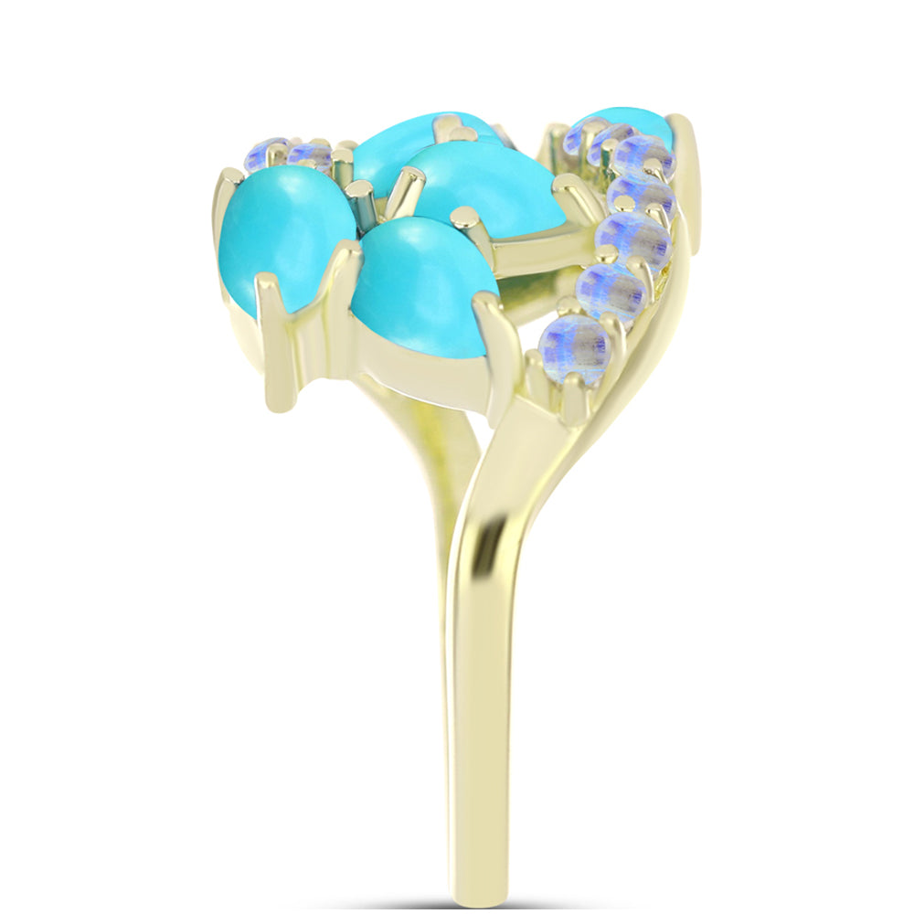 Anillo de Plata Bañada en Oro con Turquesa Bella Durmiente y Piedra Lunar Arco Iris 4 