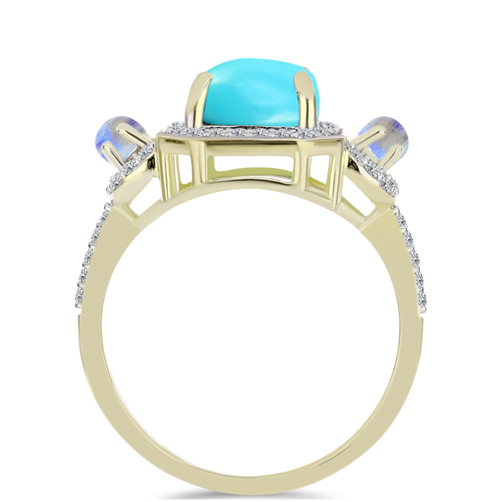 Anillo de Plata Bañada en Oro con Turquesa Bella Durmiente y Piedra Lunar Arco Iris 2 