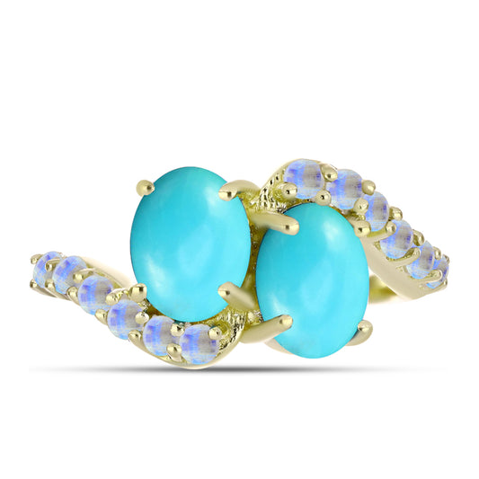 Anillo de Plata Bañada en Oro con Turquesa Bella Durmiente y Piedra Lunar Arco Iris
