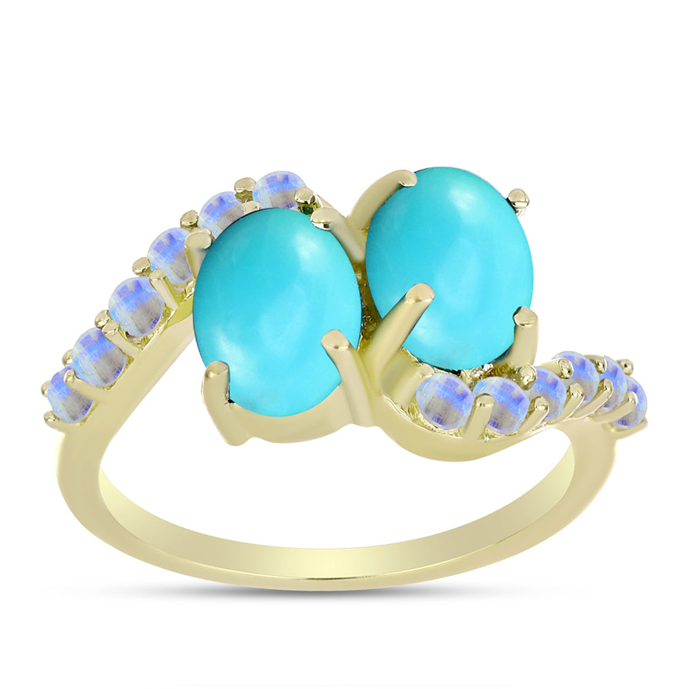 Anillo de Plata Bañada en Oro con Turquesa Bella Durmiente y Piedra Lunar Arco Iris 3 