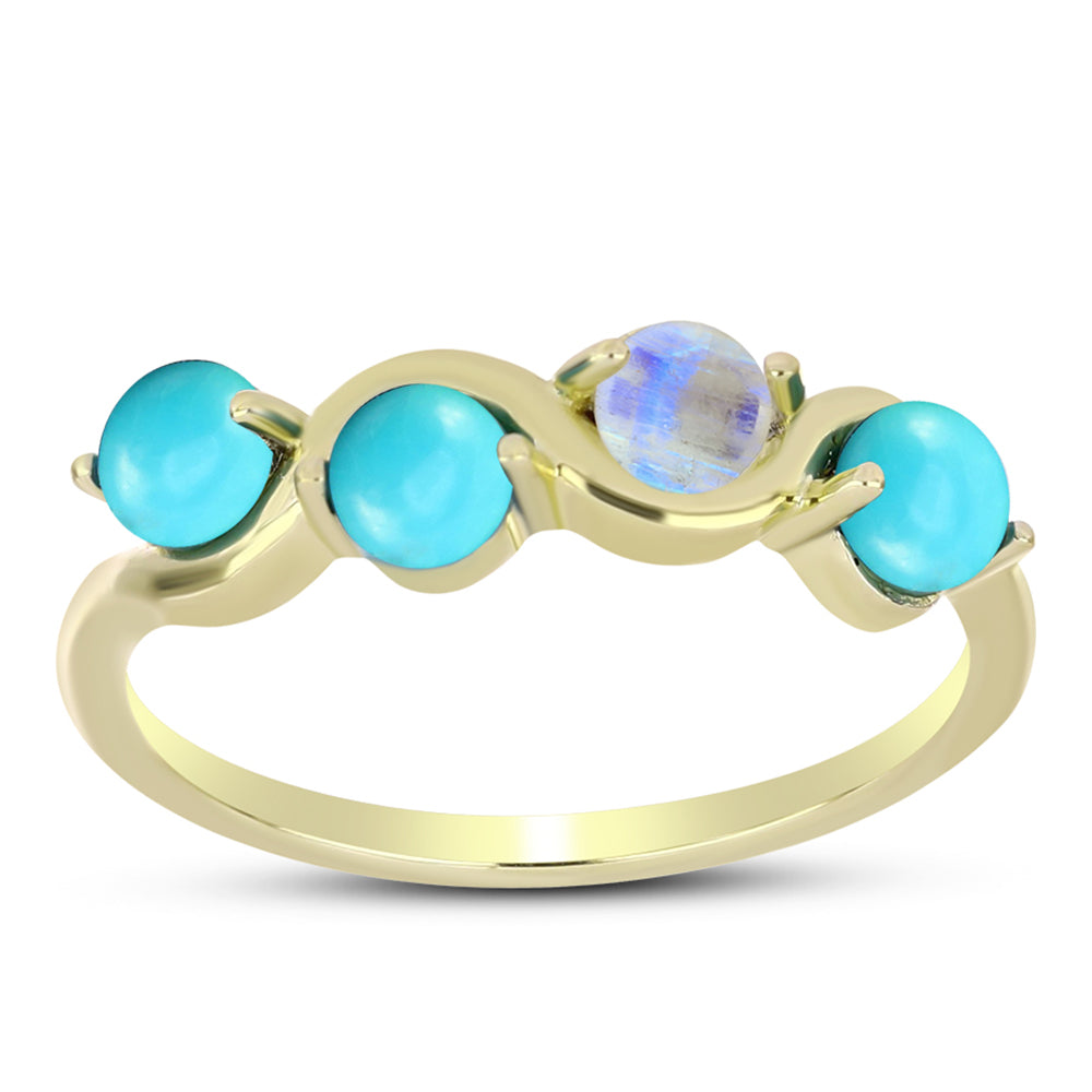 Anillo de Plata Bañada en Oro con Turquesa Bella Durmiente y Piedra Lunar Arco Iris