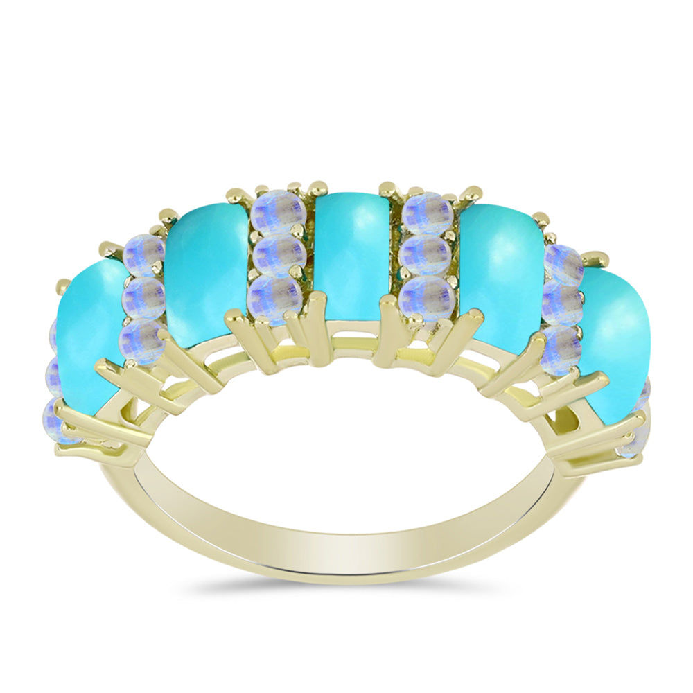 Anillo de Plata Bañada en Oro con Turquesa Bella Durmiente y Piedra Lunar Arco Iris 1 