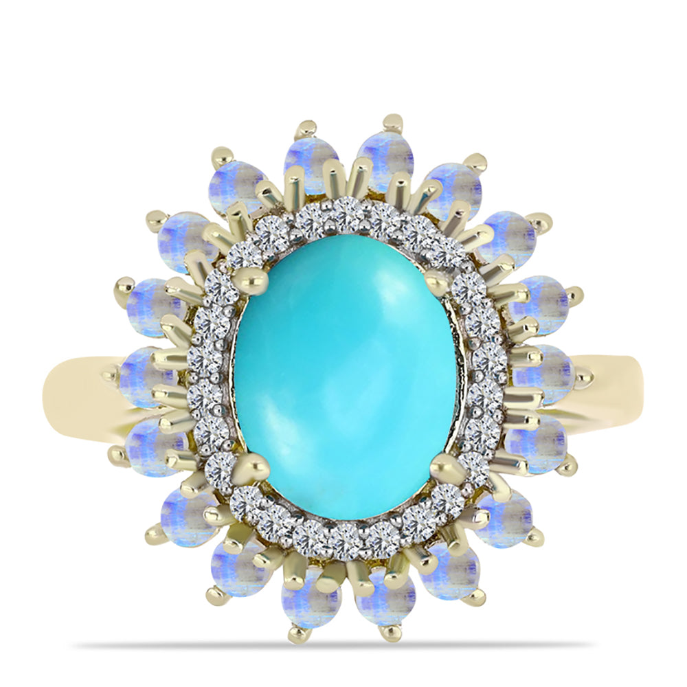 Anillo de Plata Bañada en Oro con Turquesa Bella Durmiente y Piedra Lunar Arco Iris 1 