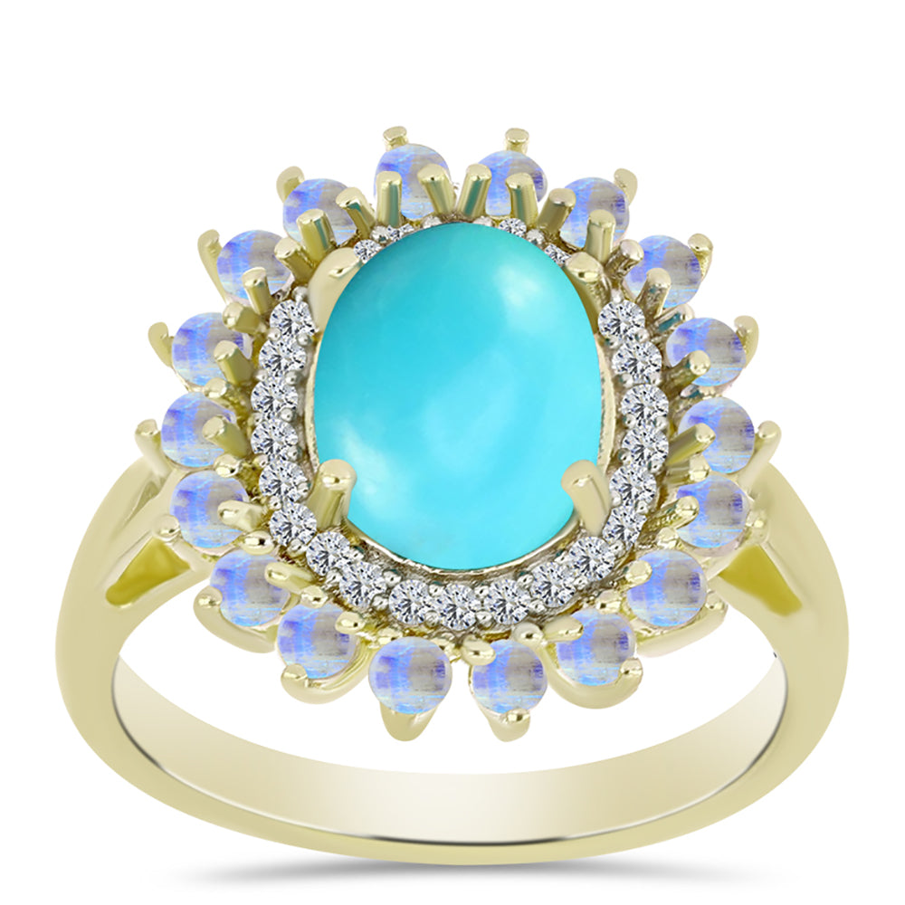 Anillo de Plata Bañada en Oro con Turquesa Bella Durmiente y Piedra Lunar Arco Iris 3 
