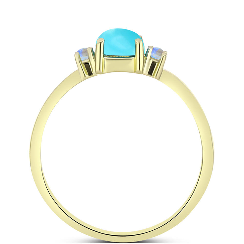 Anillo de Plata Bañada en Oro con Turquesa Bella Durmiente y Piedra Lunar Arco Iris