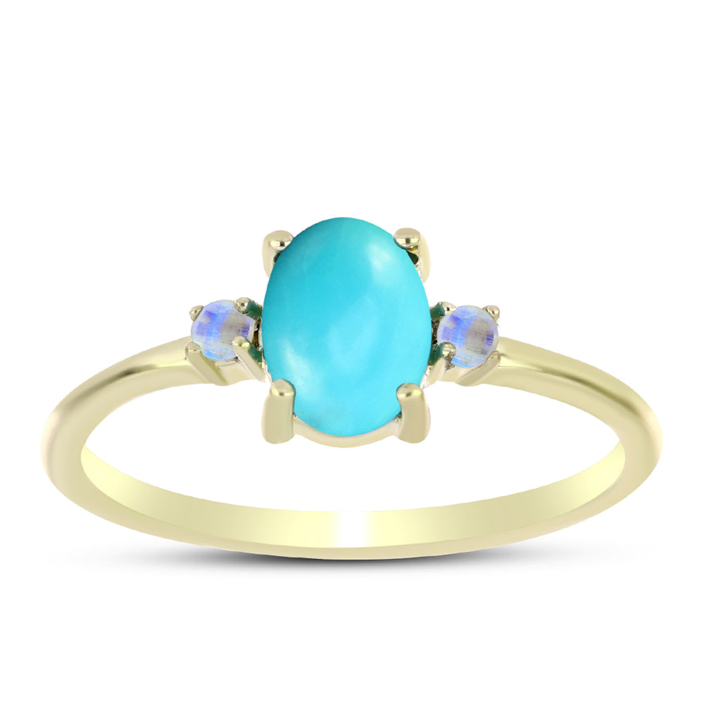 Anillo de Plata Bañada en Oro con Turquesa Bella Durmiente y Piedra Lunar Arco Iris