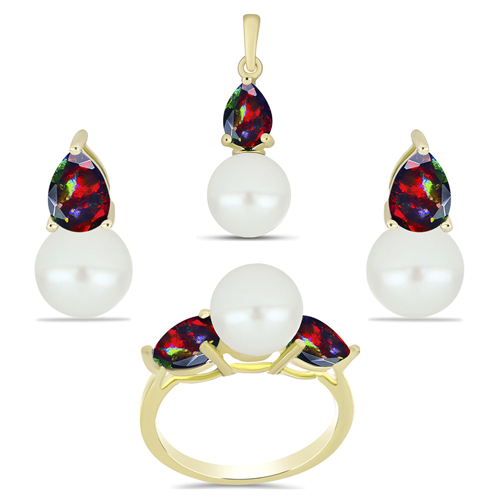 Conjunto de Plata Bañada en Oro con Ópalo negro medianoche Lega Dembi de Ëtiopía y Perla de Agua Dulce ( Pendientes +Anillo +Colgante ) 1 