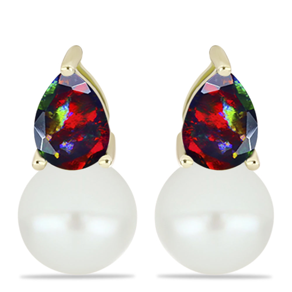 Conjunto de Plata Bañada en Oro con Ópalo negro medianoche Lega Dembi de Ëtiopía y Perla de Agua Dulce ( Pendientes +Anillo +Colgante )