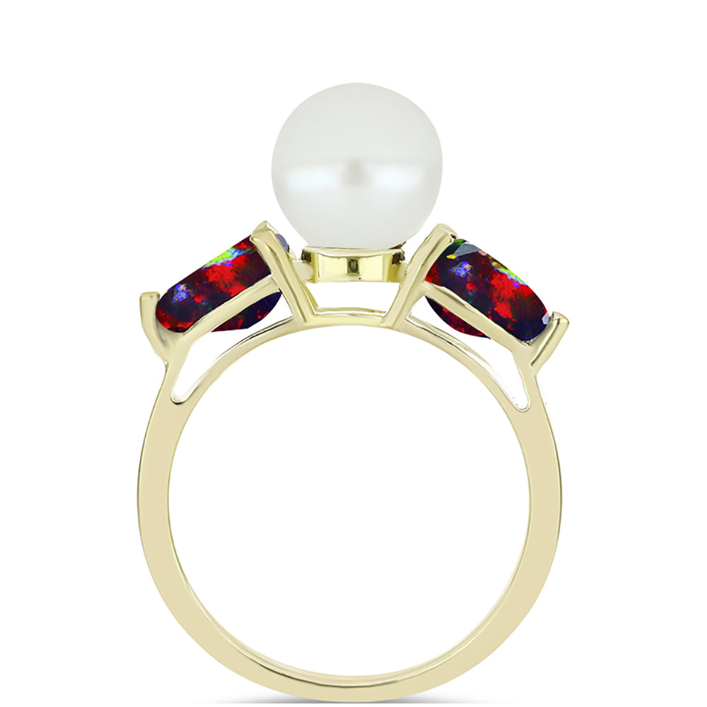 Conjunto de Plata Bañada en Oro con Ópalo negro medianoche Lega Dembi de Ëtiopía y Perla de Agua Dulce ( Pendientes +Anillo +Colgante )